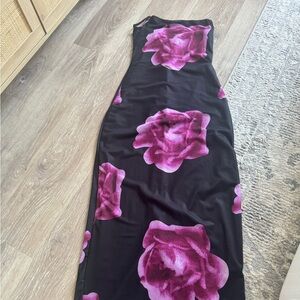 Black Maxi Dress with Pink Floral Pattern